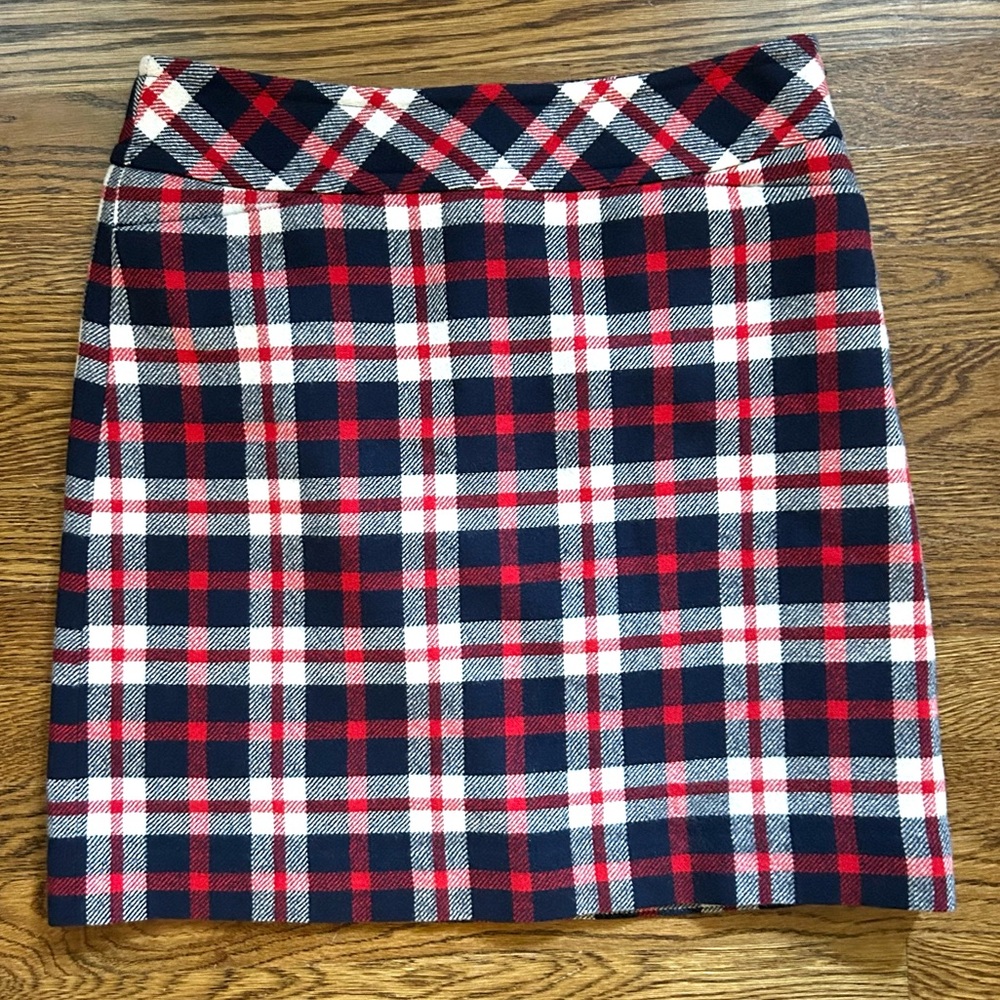 Talbots Wool Blend Plaid Lined Mini Skirt Red White and Blue Size Six